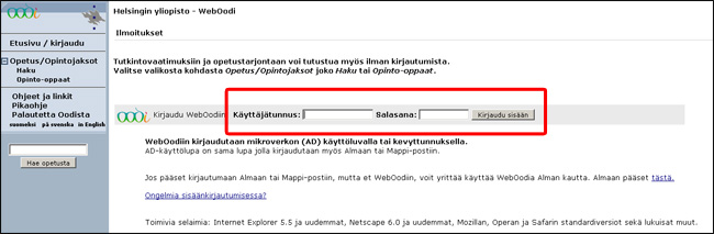 Kirjautuminen WebOodiin